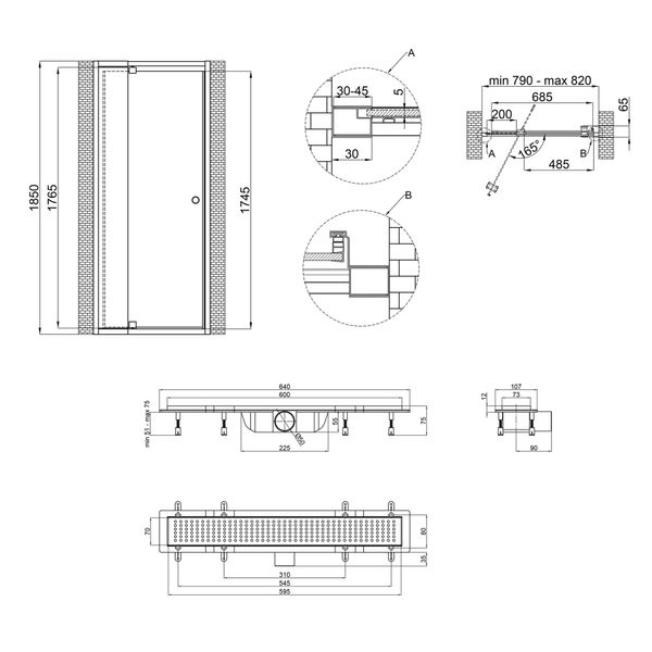 Набір Qtap двері в нішу Pisces WHI208-9.CP5 79-92х185 см, скло Pattern 5 мм + трап лінійний Qtap Dry FB304-600 з сухим закривом та нержавіючою решіткою 600х73 мм SD00048906 фото