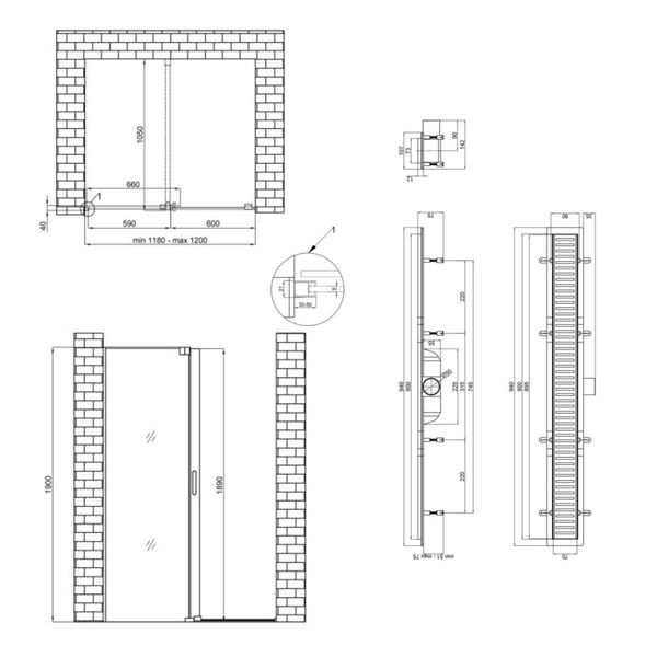 Готове рішення Qtap 16: Стіна Walk-In GLIDE, 120x190 + Лінійний трап 900 мм SD00050981 фото